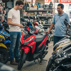 Foreigner looking over a motorcycle in Thailand from a shop