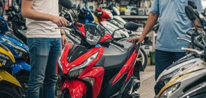 Foreigner buying a motorcycle in Thailand from a shop