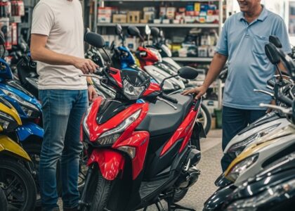 Foreigner buying a motorcycle in Thailand from a shop