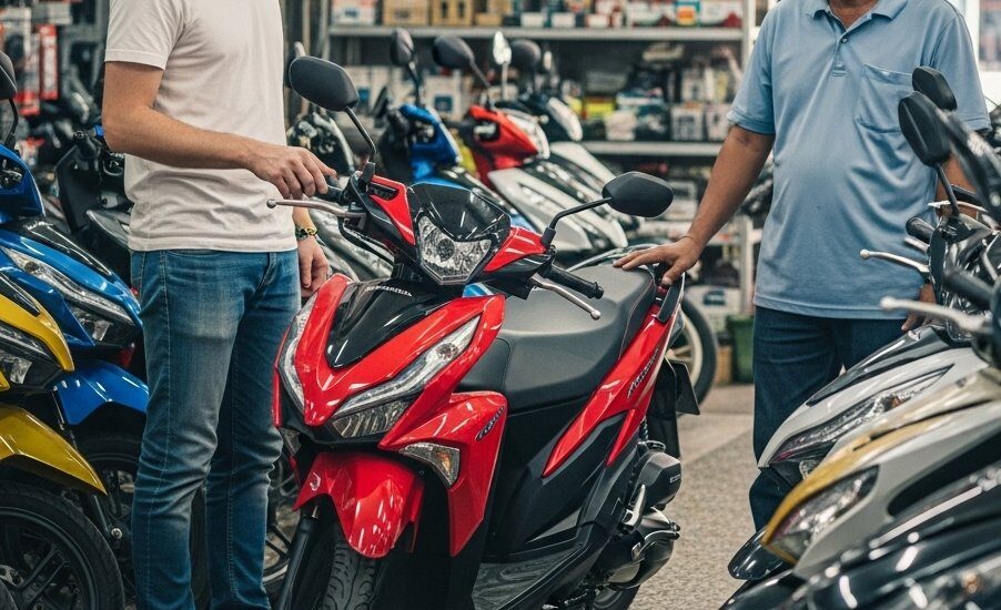 Foreigner buying a motorcycle in Thailand from a shop