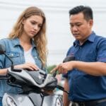 Rental shop pointing out damage to a woman