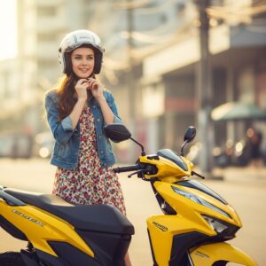 Woman putting on motorcycle helmet