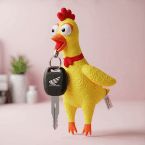 key attached to a rubber chicken
