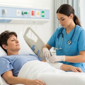 Lady in a hospital getting bandaged up