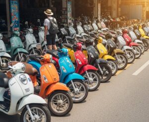 Tourist walking into a motorcycle shop in Thailand