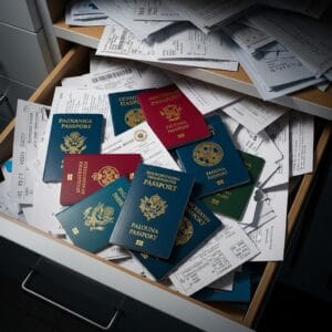 Messy unsecured office draw full of paperwork and passports