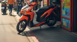 Scooter blocking footpath and shop entry.