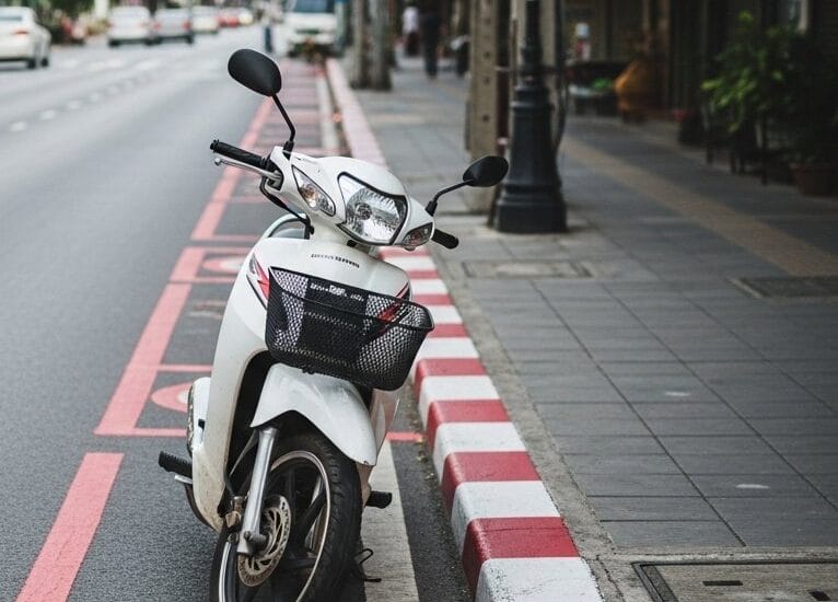 Scooter parked in a no parking zone, indicated by red and white curb