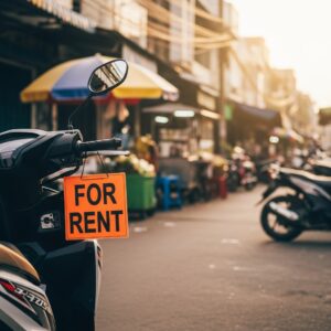 Scooter in Thailand with For Rent sign on it