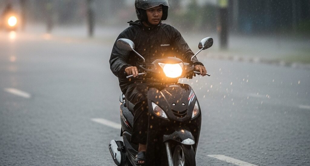 Scooter rider riding in the rain
