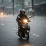 Scooter rider riding in the rain