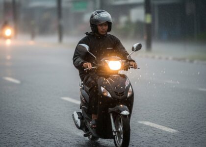 Scooter rider riding in the rain