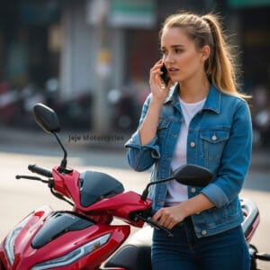 Woman standing next to a scooter on the phone
