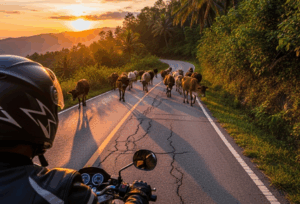 Motorcycle rider encountering cows on the road ahead