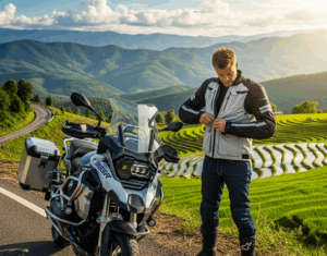 Motorcycle rider putting on jacket