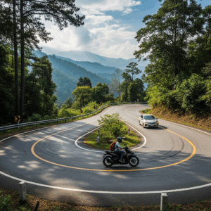 Motorbike in Thai mountains, oncoming car