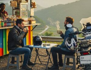 Motorcycle riders drinking coffee