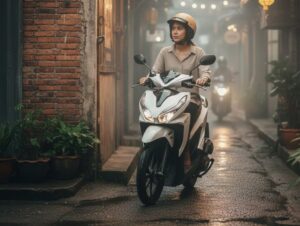 Girl riding bike in busy ally. 