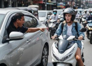 Driver yelling at foreigner on motorcycle